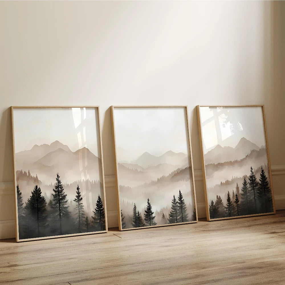 Abstract Forest Mountain Triptych Minimalist Neutral Landscape Wall