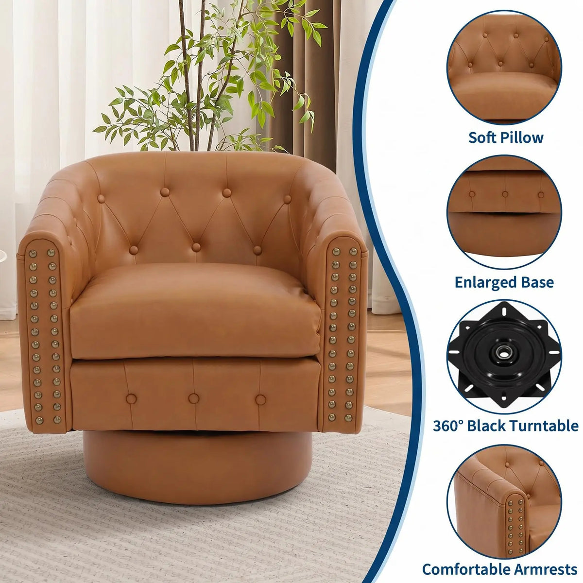 Swivel Barrel Accent Chair 360° Leather Lounge Armchair With Rivets, Curved Back Soft Cushion For Living Room Bedroom Office Use