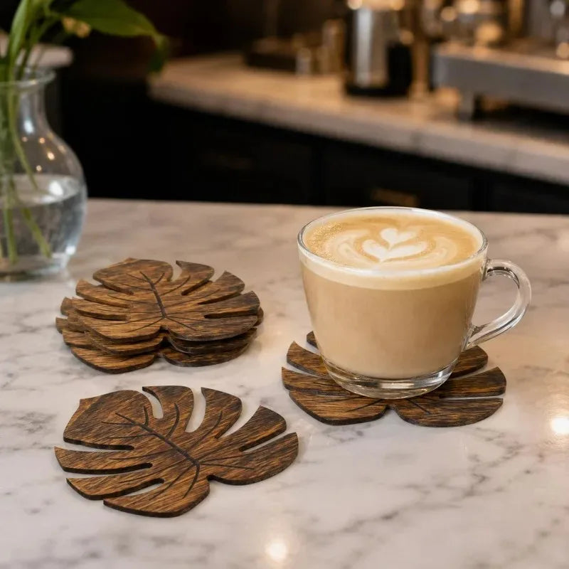 Wooden Monstera Leaf Coasters Heat Resistant Rustic Table