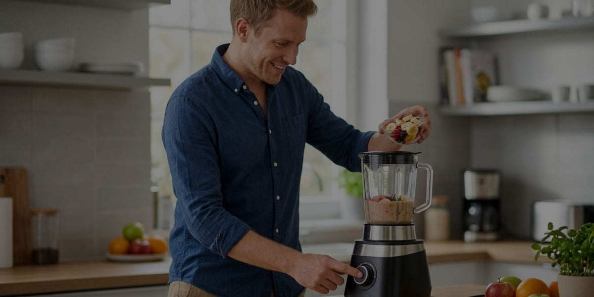 A man in a blue button-up shirt stands in a modern kitchen, adding ingredients from a small bowl into a black and silver countertop blender.