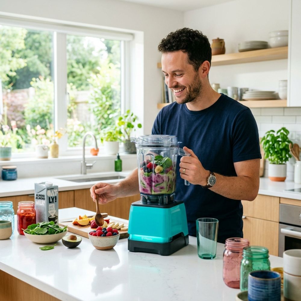 A man in a navy blue t-shirt stands in a bright, modern kitchen preparing a smoothie in a turquoise blender. Fresh fruits and vegetables are visible in the blender jar, with various glass jars and bowls on the white countertop.